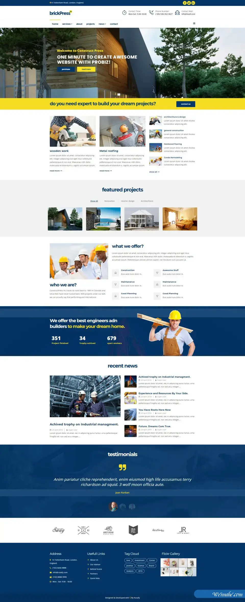 BrickPress 响应式深蓝色Bootstrap建筑公司Html5模板